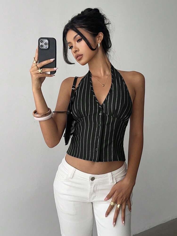 Women's Cotton Striped Stand Collar Single Breasted Vest Thin Suit Jacket Elegant Casual Commuter Outfit Business Fashion Chic