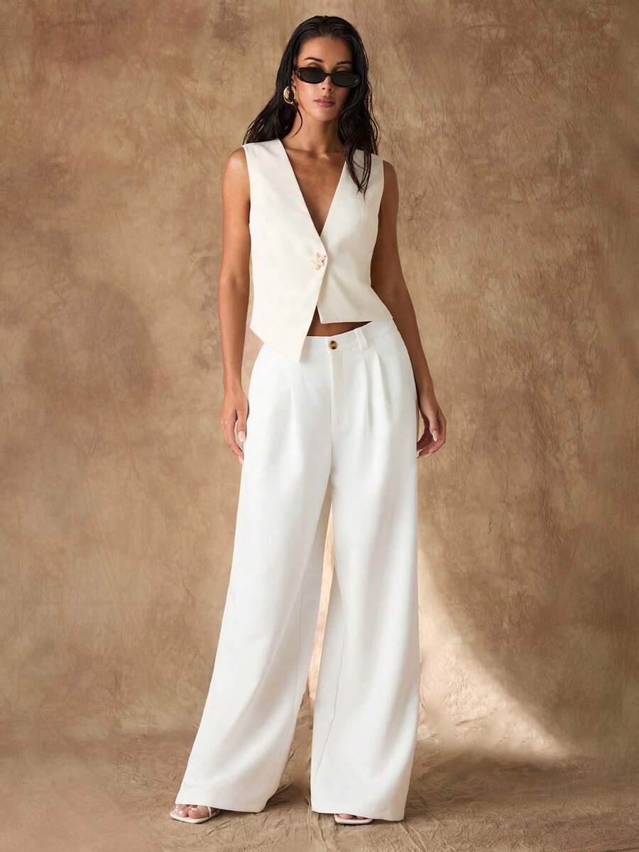 Women's Asymmetrical Hem Sleeveless Crop Vest Blazer With Unique Button Summer Elegant Casual Light Blue Jacket Fashion Chic