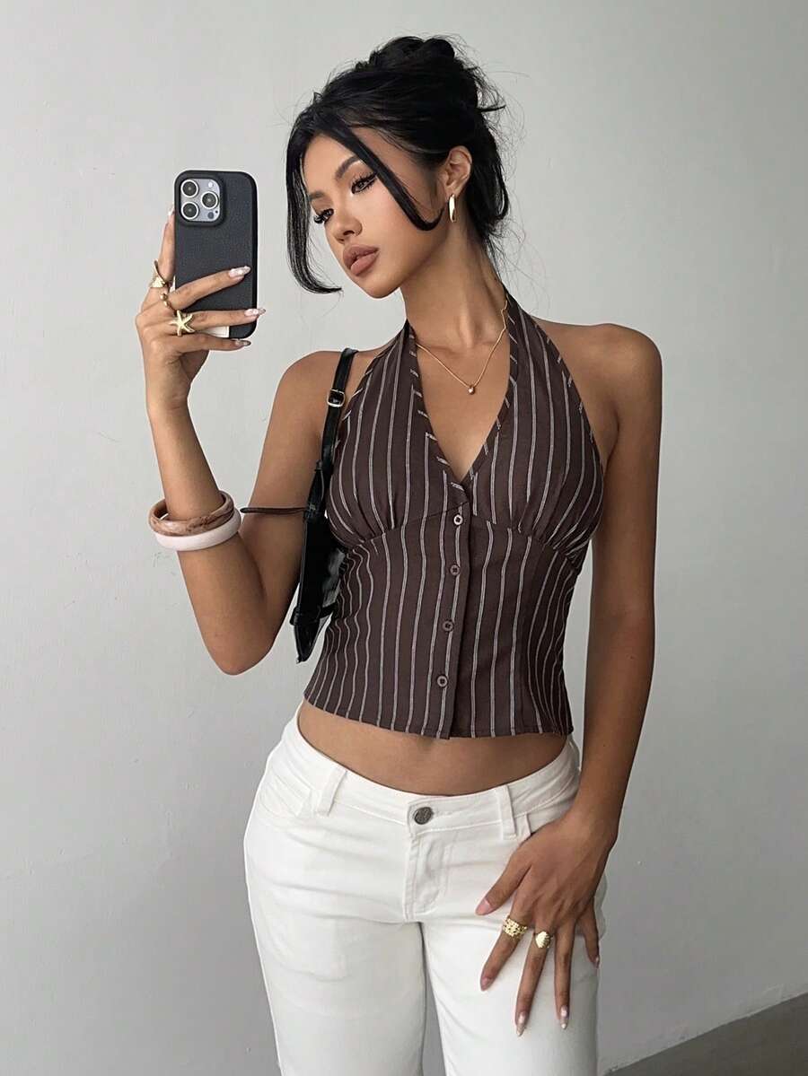 Women's Cotton Striped Stand Collar Single Breasted Vest Thin Suit Jacket Elegant Casual Commuter Outfit Business Fashion Chic