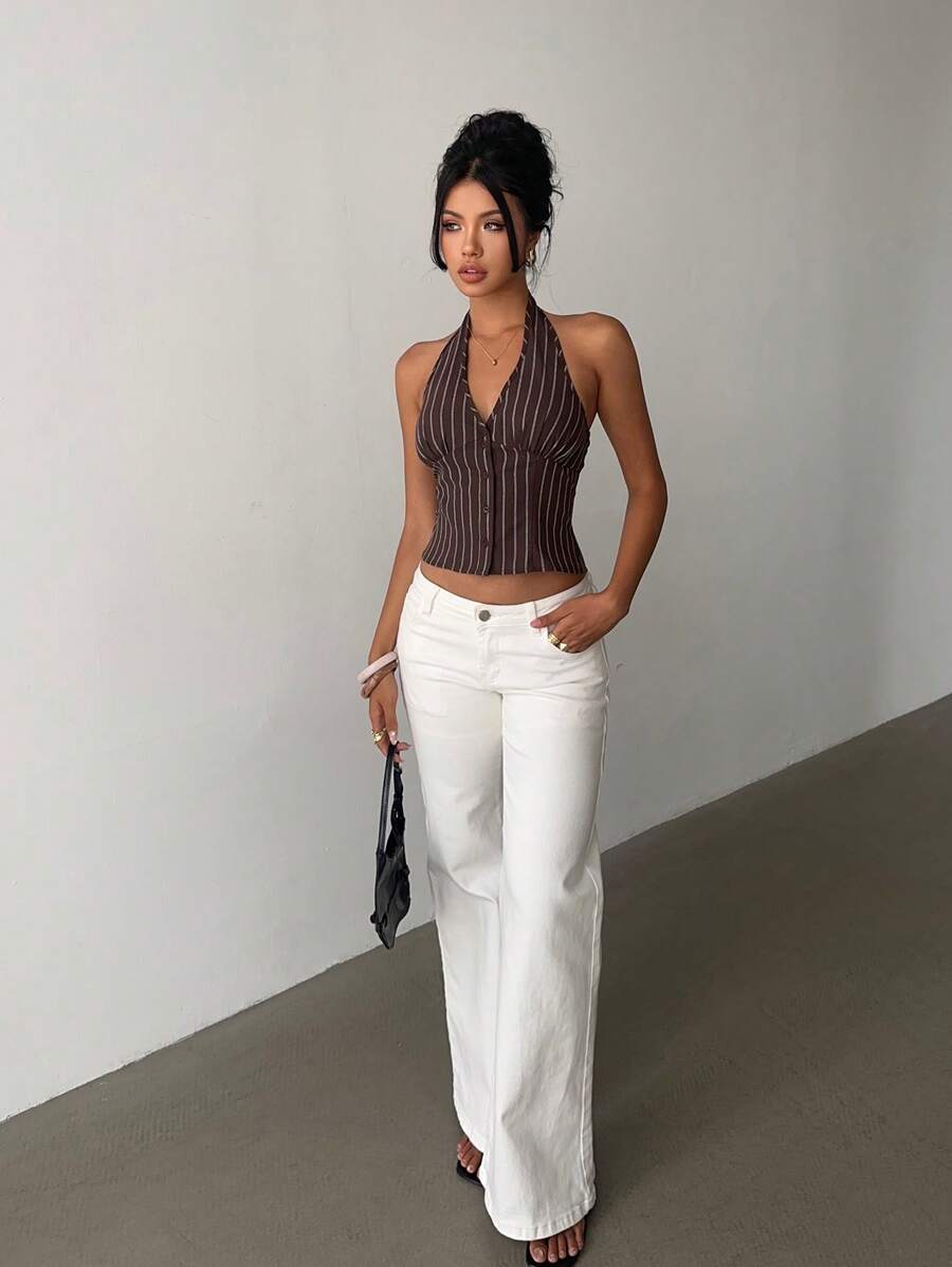 Women's Cotton Striped Stand Collar Single Breasted Vest Thin Suit Jacket Elegant Casual Commuter Outfit Business Fashion Chic