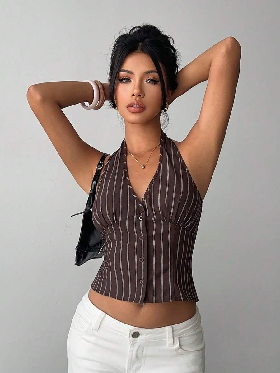 Women's Cotton Striped Stand Collar Single Breasted Vest Thin Suit Jacket Elegant Casual Commuter Outfit Business Fashion Chic