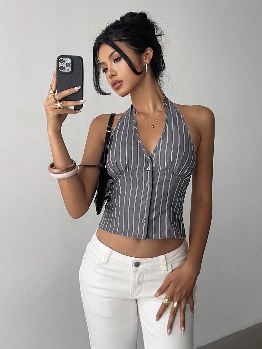 Women's Cotton Striped Stand Collar Single Breasted Vest Thin Suit Jacket Elegant Casual Commuter Outfit Business Fashion Chic