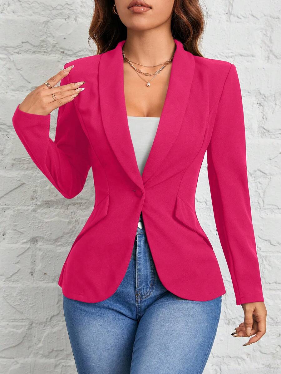 Women's Black Shawl Collar Single Button Suit Jacket Autumn Winter Commuter Business Casual Petite Elegant Office Blazer Chic