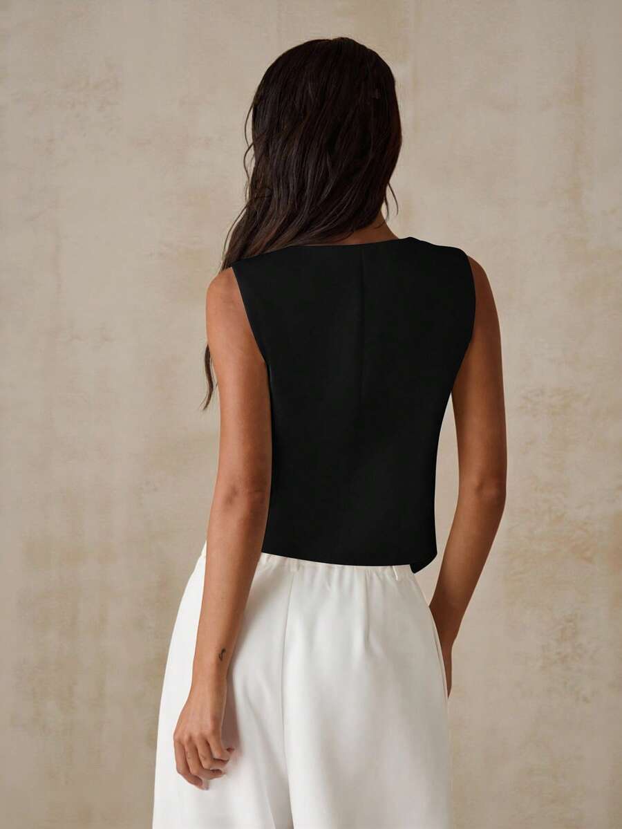 Women's Asymmetrical Hem Sleeveless Crop Vest Blazer With Unique Button Summer Elegant Casual Light Blue Jacket Fashion Chic