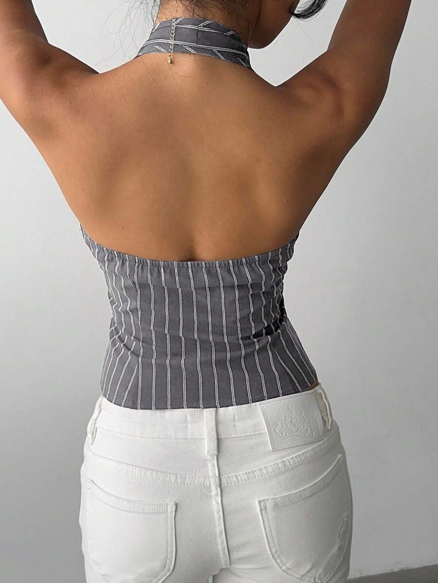 Women's Cotton Striped Stand Collar Single Breasted Vest Thin Suit Jacket Elegant Casual Commuter Outfit Business Fashion Chic