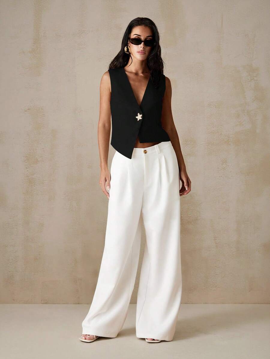 Women's Asymmetrical Hem Sleeveless Crop Vest Blazer With Unique Button Summer Elegant Casual Light Blue Jacket Fashion Chic