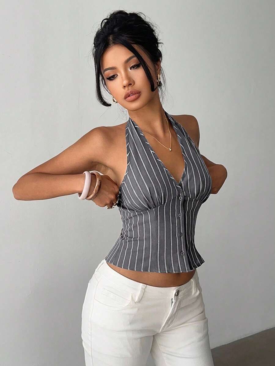 Women's Cotton Striped Stand Collar Single Breasted Vest Thin Suit Jacket Elegant Casual Commuter Outfit Business Fashion Chic