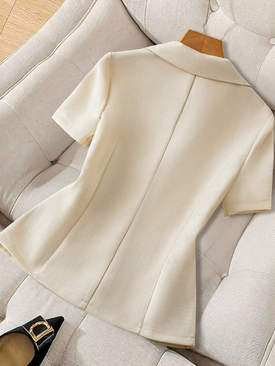 Women's Short Sleeve Blazer Faux Pearl Metal Button French Style Elegant Casual Commuter Outfit Spring Summer Business Jacket