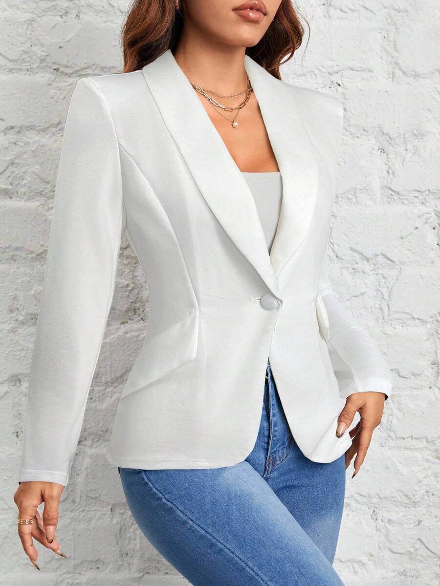 Women's Black Shawl Collar Single Button Suit Jacket Autumn Winter Commuter Business Casual Petite Elegant Office Blazer Chic