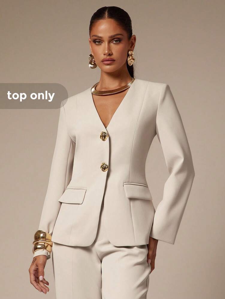 Women's Metallic Flower Decor Long Sleeve Suit Jacket Elegant Business Casual Attire Office Wear Party Outfit Fashion Old Money