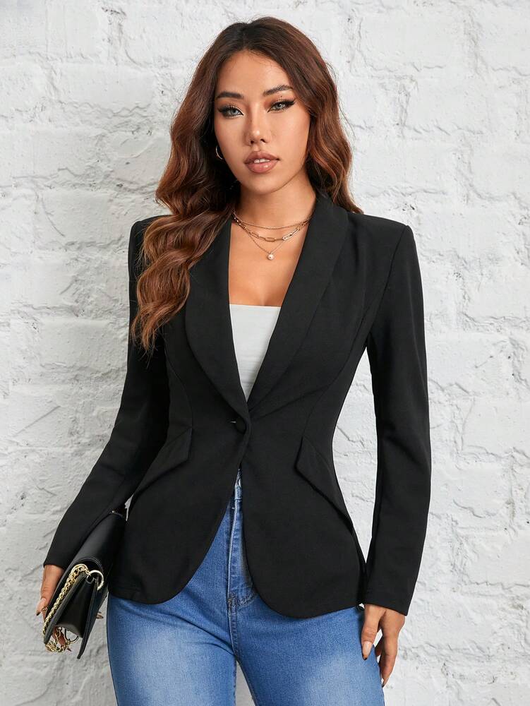 Women's Black Shawl Collar Single Button Suit Jacket Autumn Winter Commuter Business Casual Petite Elegant Office Blazer Chic
