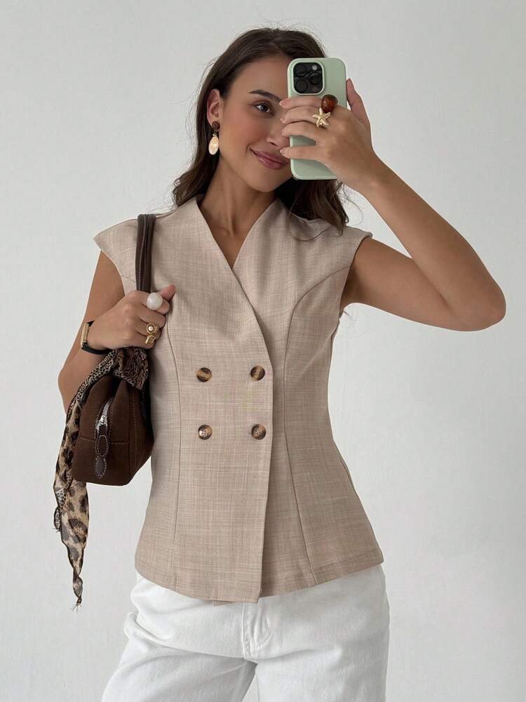Women's Double Breasted Thin Blazer Jacket Elegant Solid Color Commuter Suit Casual Business Fashion Slim Fit Outfit For Women