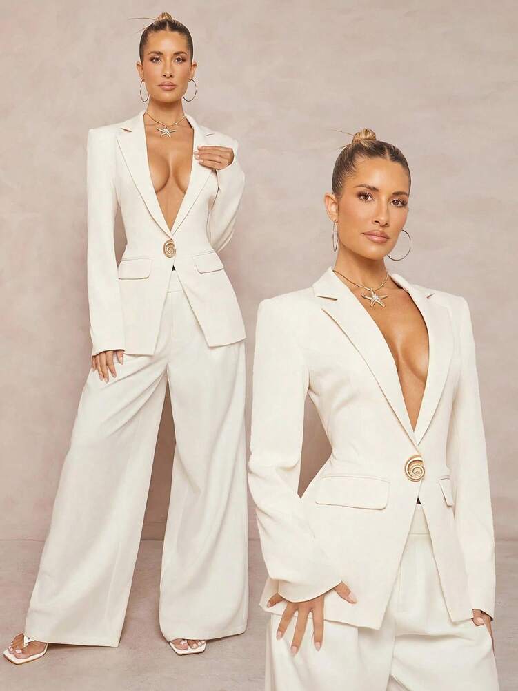 Women's White Suit Jacket Waist Cinched Padded Shoulder Blazer Elegant Layered Business Formal Festival Wedding Party Outfit Chic