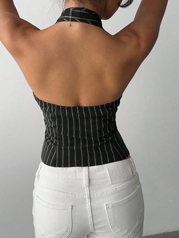 Women's Cotton Striped Stand Collar Single Breasted Vest Thin Suit Jacket Elegant Casual Commuter Outfit Business Fashion Chic