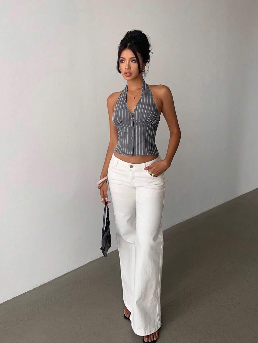 Women's Cotton Striped Stand Collar Single Breasted Vest Thin Suit Jacket Elegant Casual Commuter Outfit Business Fashion Chic