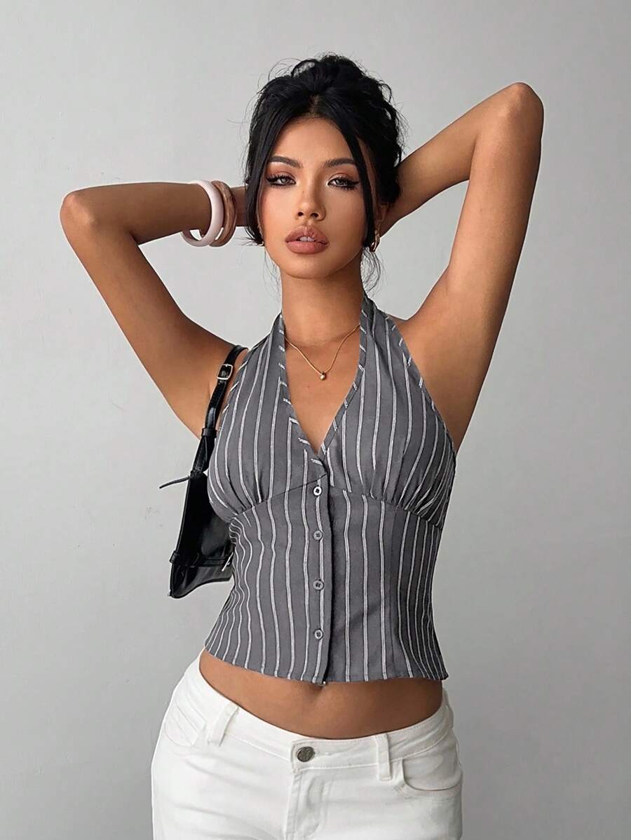 Women's Cotton Striped Stand Collar Single Breasted Vest Thin Suit Jacket Elegant Casual Commuter Outfit Business Fashion Chic