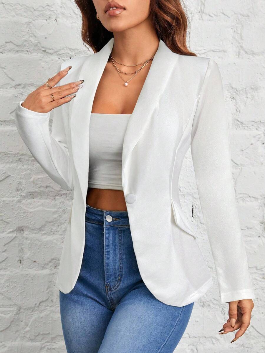 Women's Black Shawl Collar Single Button Suit Jacket Autumn Winter Commuter Business Casual Petite Elegant Office Blazer Chic