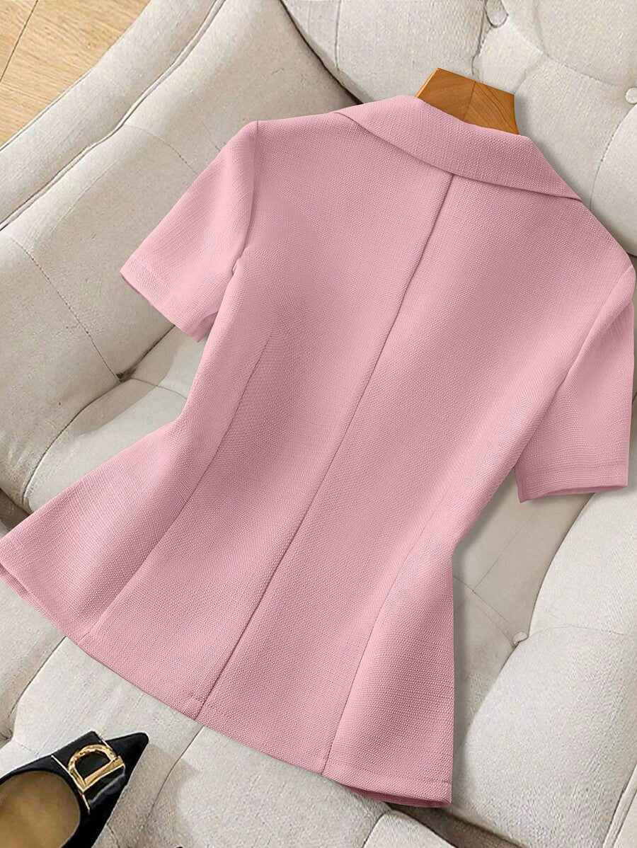 Women's Short Sleeve Blazer Faux Pearl Metal Button French Style Elegant Casual Commuter Outfit Spring Summer Business Jacket