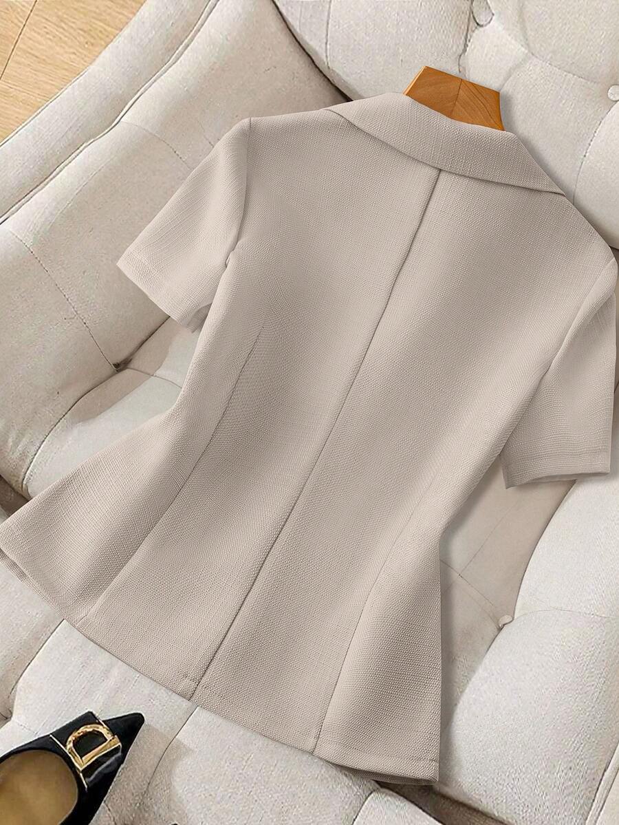 Women's Short Sleeve Blazer Faux Pearl Metal Button French Style Elegant Casual Commuter Outfit Spring Summer Business Jacket