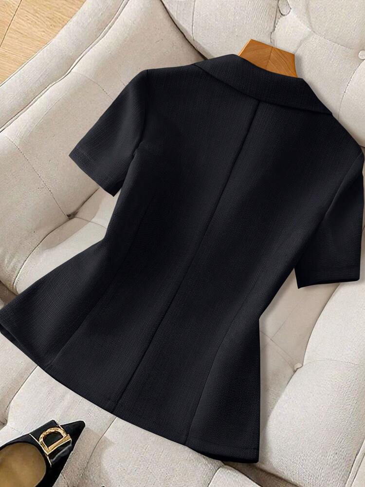 Women's Short Sleeve Blazer Faux Pearl Metal Button French Style Elegant Casual Commuter Outfit Spring Summer Business Jacket