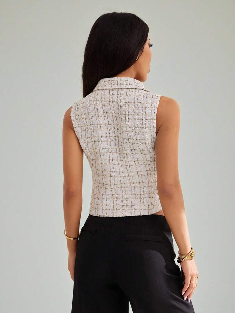 Women's Petite Tweed Sleeveless Blazer Notch Collar Elegant Fashionable Suit Vest Jacket Casual Business Office Attire Summer