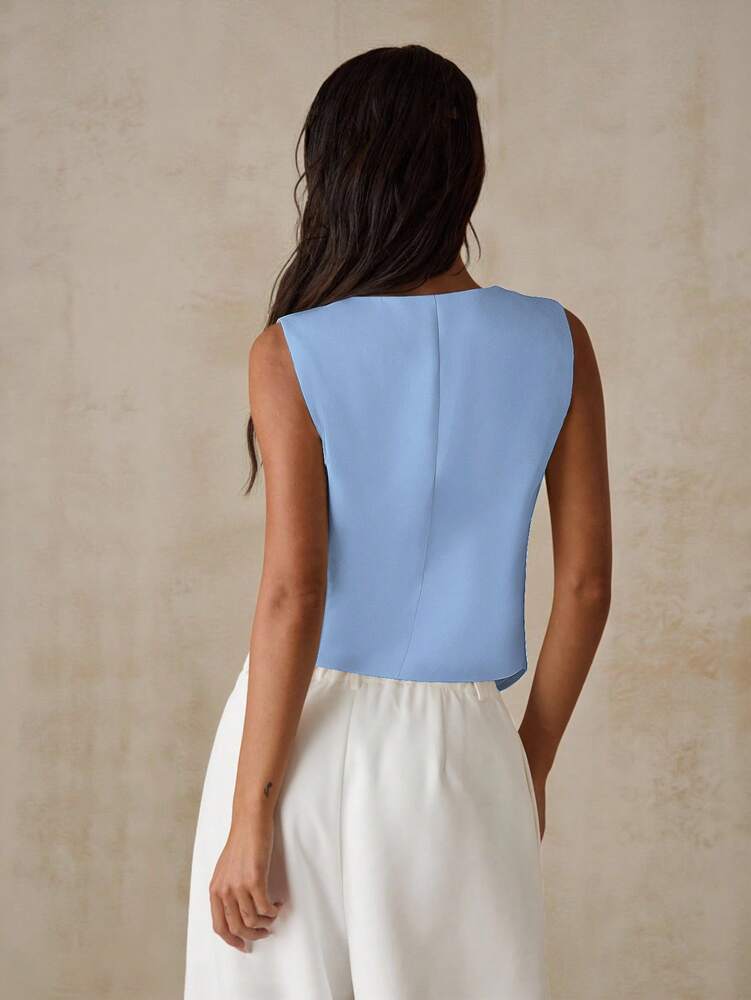 Women's Asymmetrical Hem Sleeveless Crop Vest Blazer With Unique Button Summer Elegant Casual Light Blue Jacket Fashion Chic