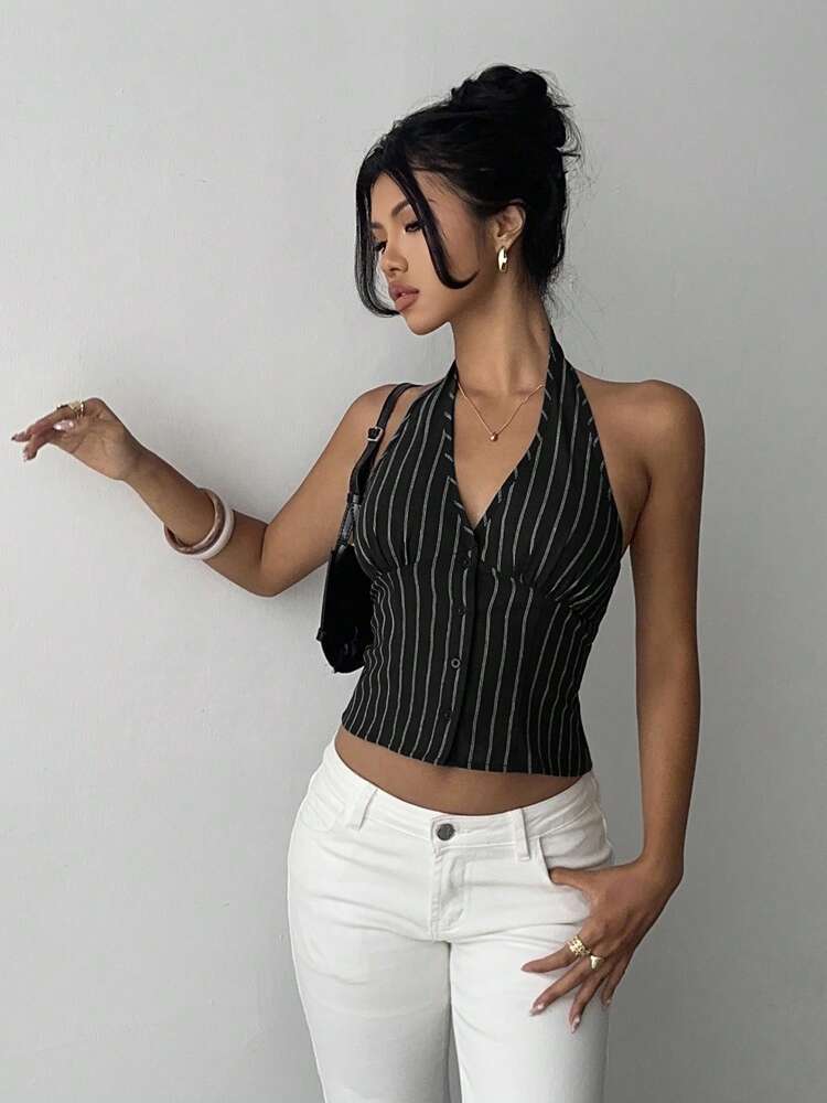 Women's Cotton Striped Stand Collar Single Breasted Vest Thin Suit Jacket Elegant Casual Commuter Outfit Business Fashion Chic