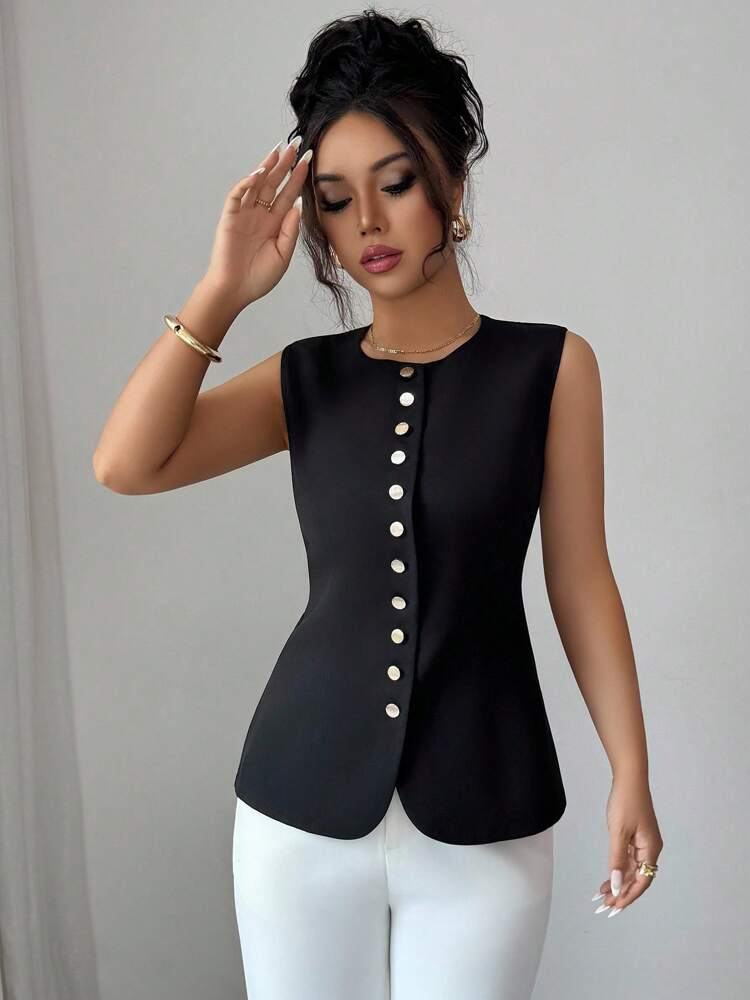 Women's Minimalist Sleeveless Blazer Casual Jacket Metal Lapel Design Elegant Fashion Versatile Business Outfit For Ladies Chic