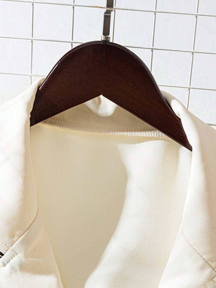 Women's Short Sleeve Blazer Color Block Trim Elegant Commuter Summer Business Casual Single Breasted Suit Jacket Fashion Chic