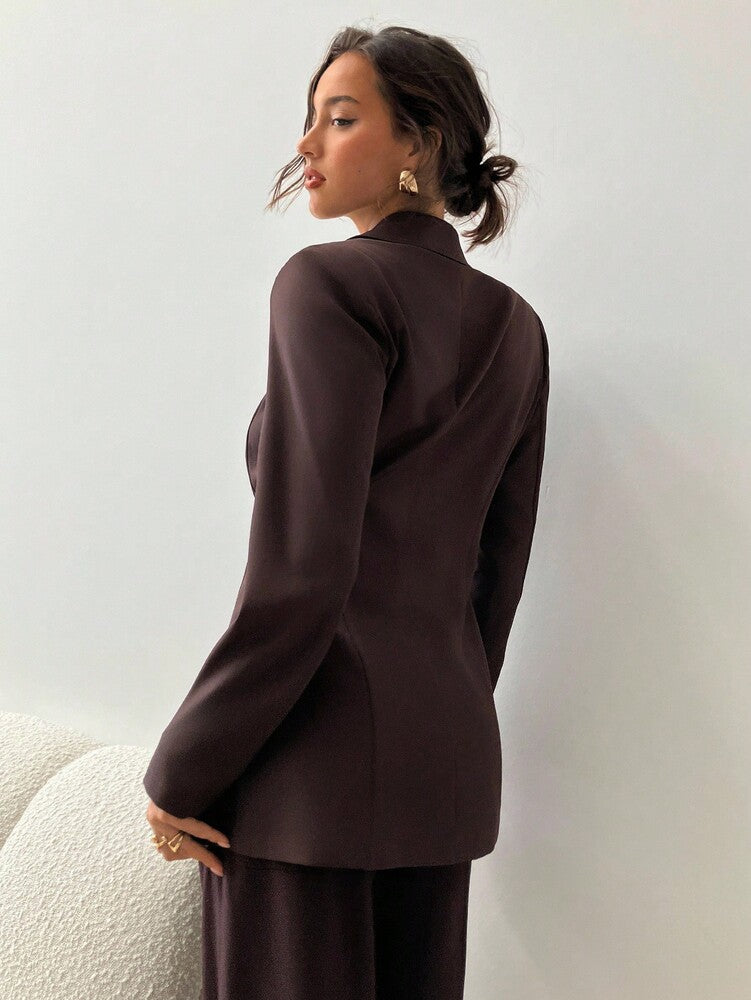 Women's Brown Lapel Blazer Elegant Commuter Business Casual Jacket Fall Winter Outfit For Ladies Slim Fit Fashion Office Wear