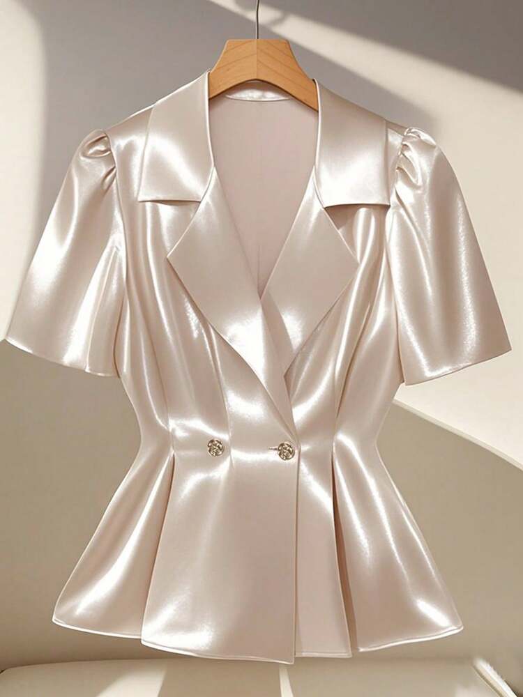 Women's Solid Color Lapel Neck Puff Sleeve Elegant Blouse Casual Business Attire Commuter Office Outfit Fashion Chic For Women