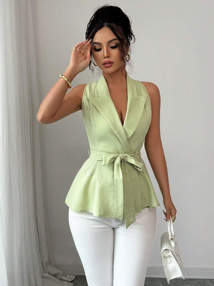Women's Sleeveless A-Line Shirt Linen Style Cinched Waist Elegant Commuter Casual Office Holiday Versatile Blouse Top For Women