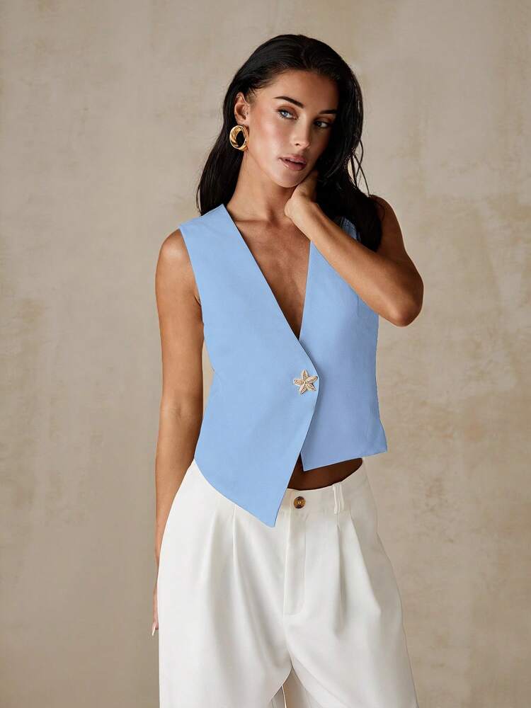Women's Asymmetrical Hem Sleeveless Crop Vest Blazer With Unique Button Summer Elegant Casual Light Blue Jacket Fashion Chic