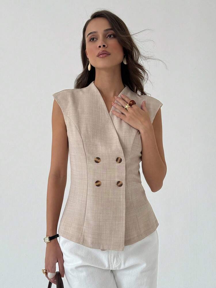 Women's Double Breasted Thin Blazer Jacket Elegant Solid Color Commuter Suit Casual Business Fashion Slim Fit Outfit For Women