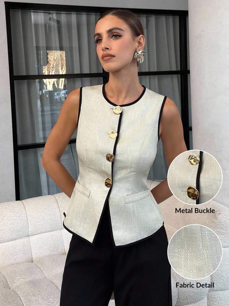 Women's French Style Sleeveless Vest With Big Metal Buttons Elegant Commuter Suit Jacket Casual Daily Business Attire Fashion