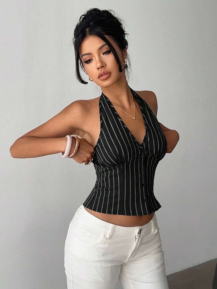 Women's Cotton Striped Stand Collar Single Breasted Vest Thin Suit Jacket Elegant Casual Commuter Outfit Business Fashion Chic