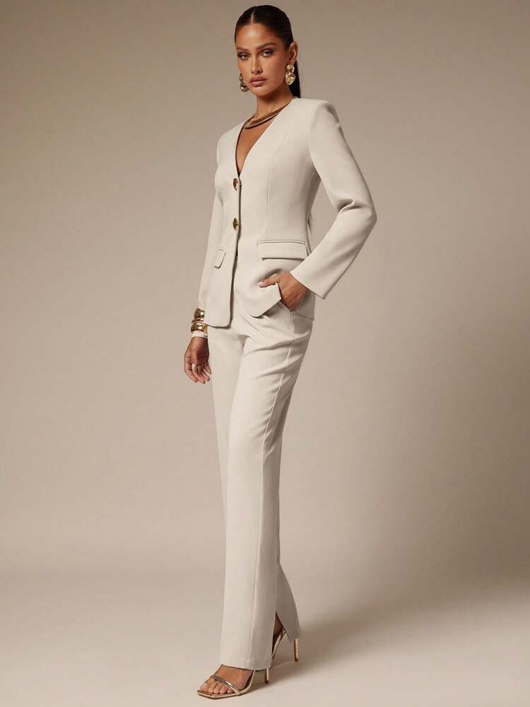 Women's Metallic Flower Decor Long Sleeve Suit Jacket Elegant Business Casual Attire Office Wear Party Outfit Fashion Old Money