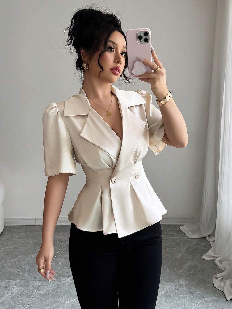 Women's Solid Color Lapel Neck Puff Sleeve Elegant Blouse Casual Business Attire Commuter Office Outfit Fashion Chic For Women