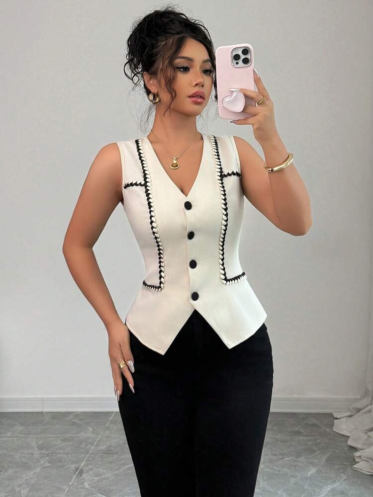 Women's Contrasting V-Neck French Style Sleeveless Vest Shirt Waistcoat Elegant Fashionable Summer Business Outfit Casual Chic