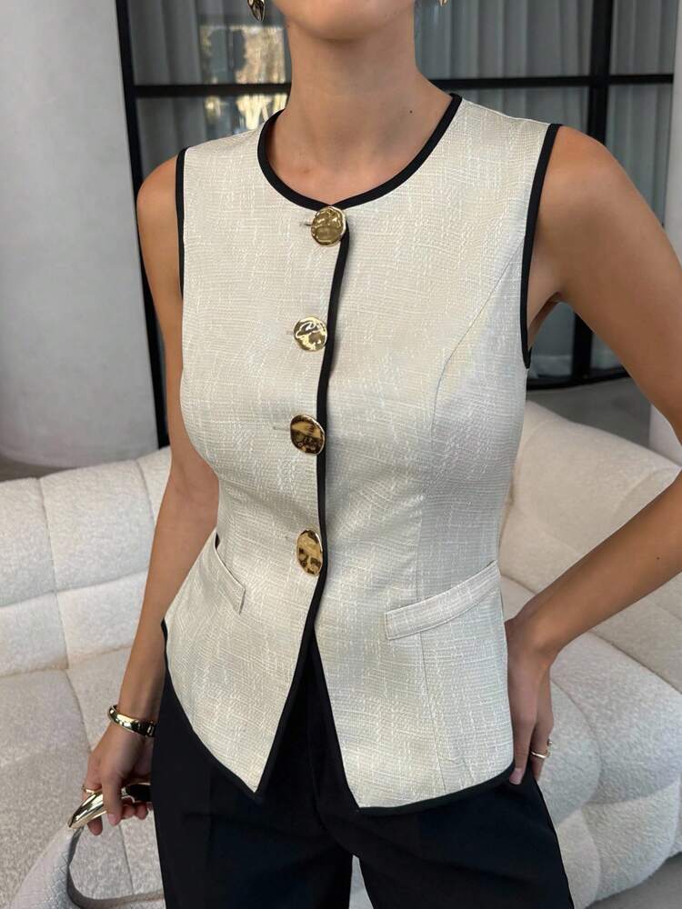 Women's French Style Sleeveless Vest With Big Metal Buttons Elegant Commuter Suit Jacket Casual Daily Business Attire Fashion