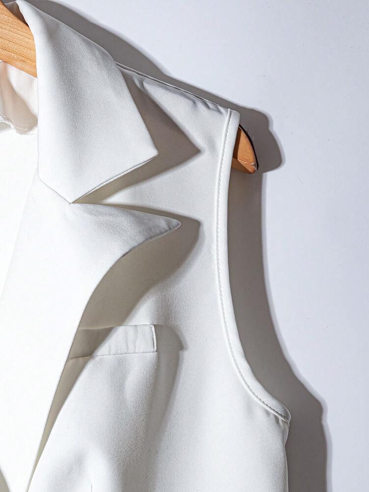 Women's Double Breasted Sleeveless Blazer Peak Collar Elegant Business Solid Color Suit Jacket Casual Commuter Office Outfit