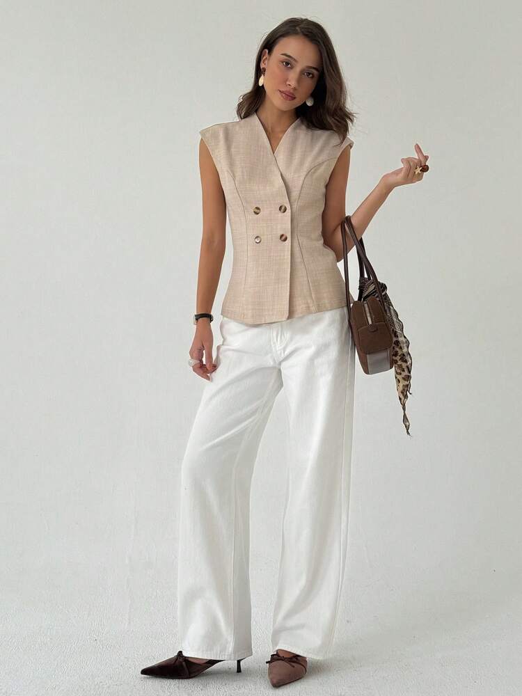 Women's Double Breasted Thin Blazer Jacket Elegant Solid Color Commuter Suit Casual Business Fashion Slim Fit Outfit For Women