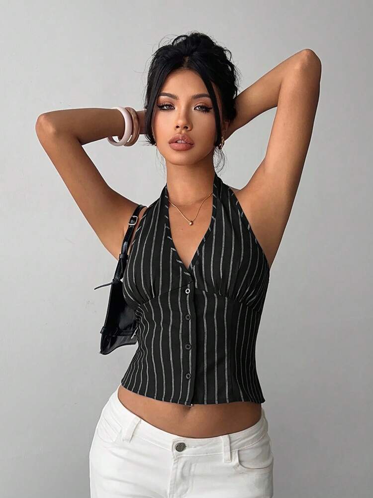Women's Cotton Striped Stand Collar Single Breasted Vest Thin Suit Jacket Elegant Casual Commuter Outfit Business Fashion Chic