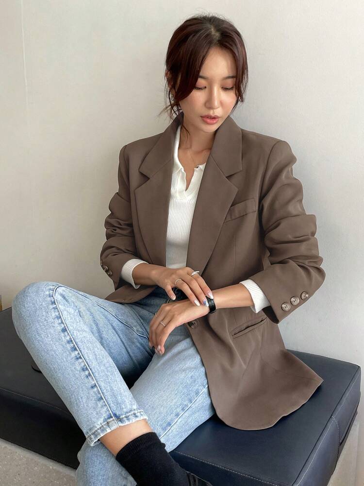 Women's Solid Color Long Sleeve Turndown Collar Casual Business Blazer Elegant Fall Outfit Daily Work Clothes Office Attire