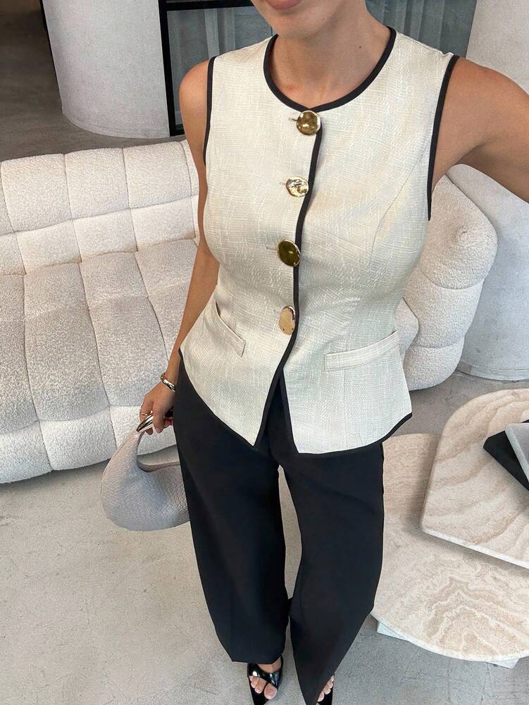 Women's French Style Sleeveless Vest With Big Metal Buttons Elegant Commuter Suit Jacket Casual Daily Business Attire Fashion