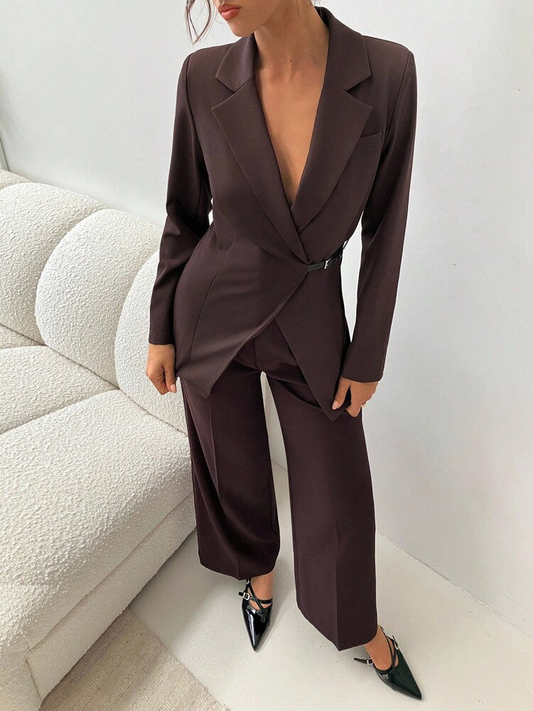 Women's Brown Lapel Blazer Elegant Commuter Business Casual Jacket Fall Winter Outfit For Ladies Slim Fit Fashion Office Wear