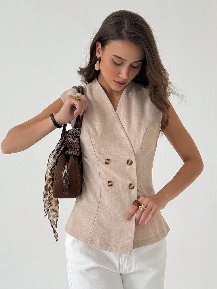 Women's Double Breasted Thin Blazer Jacket Elegant Solid Color Commuter Suit Casual Business Fashion Slim Fit Outfit For Women