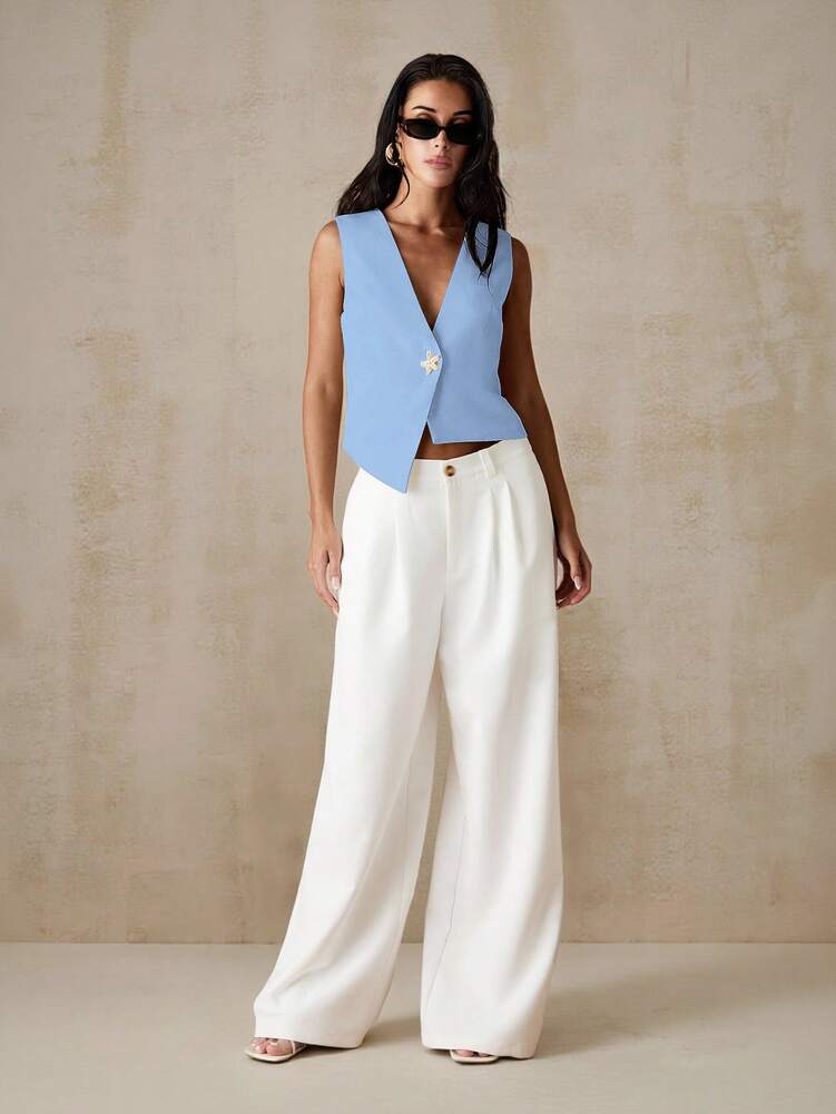 Women's Asymmetrical Hem Sleeveless Crop Vest Blazer With Unique Button Summer Elegant Casual Light Blue Jacket Fashion Chic