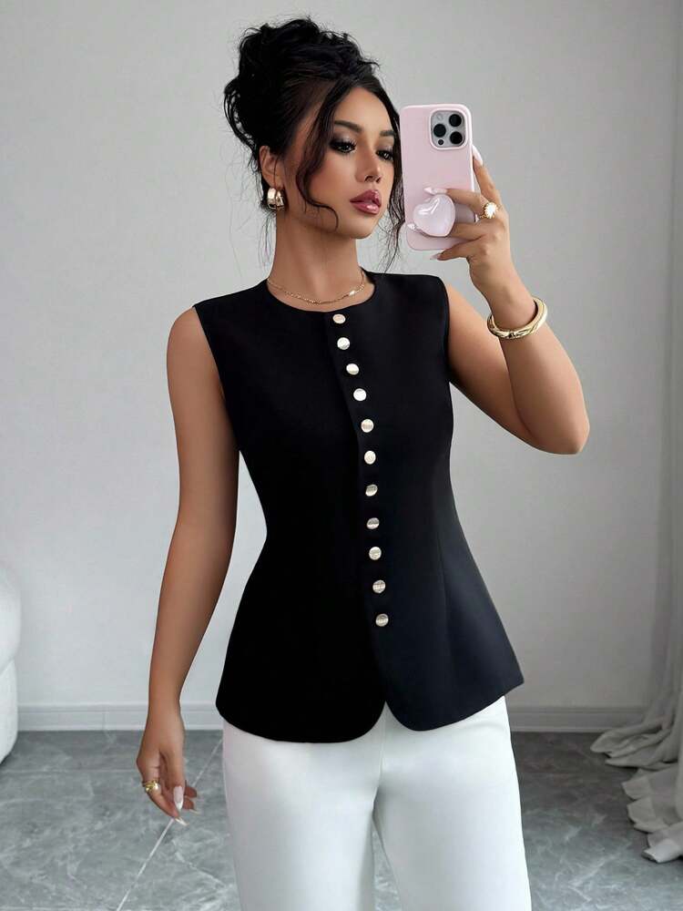 Women's Minimalist Sleeveless Blazer Casual Jacket Metal Lapel Design Elegant Fashion Versatile Business Outfit For Ladies Chic