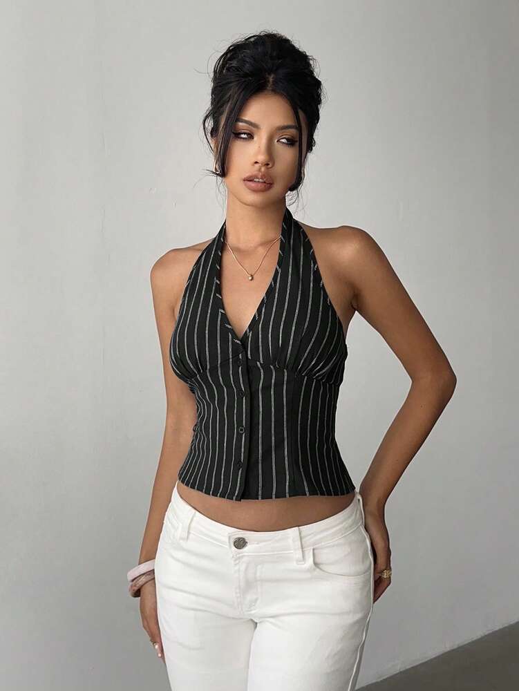 Women's Cotton Striped Stand Collar Single Breasted Vest Thin Suit Jacket Elegant Casual Commuter Outfit Business Fashion Chic